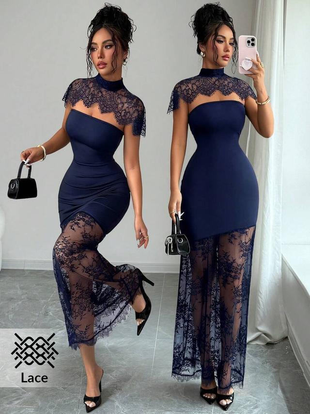 solid navy lace patchwork sleeveless midi dress
