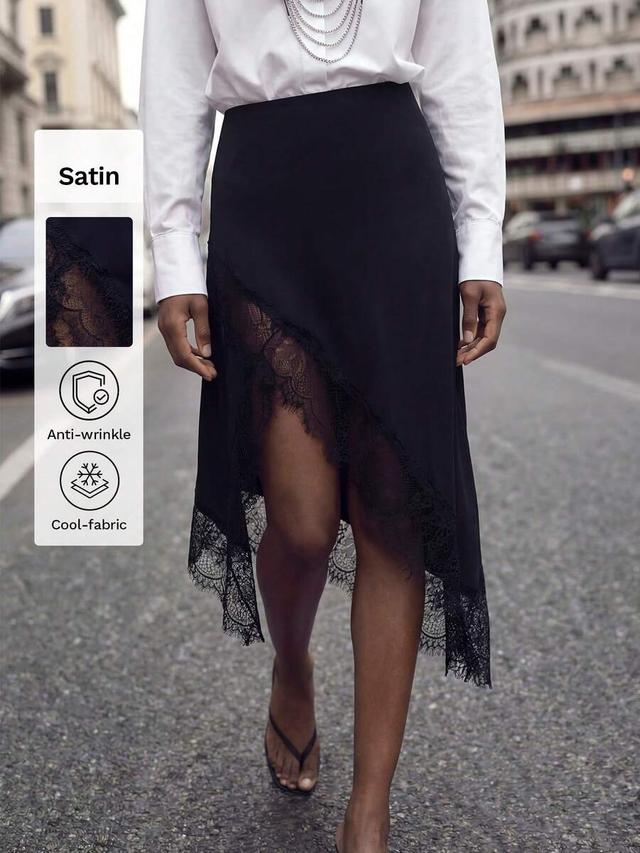 black asymmetric hem skirt with contrast lace trim