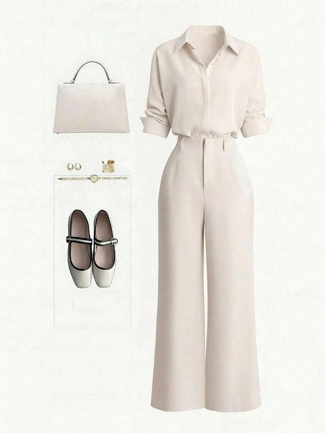 beige button-up shirt and matching straight leg trousers