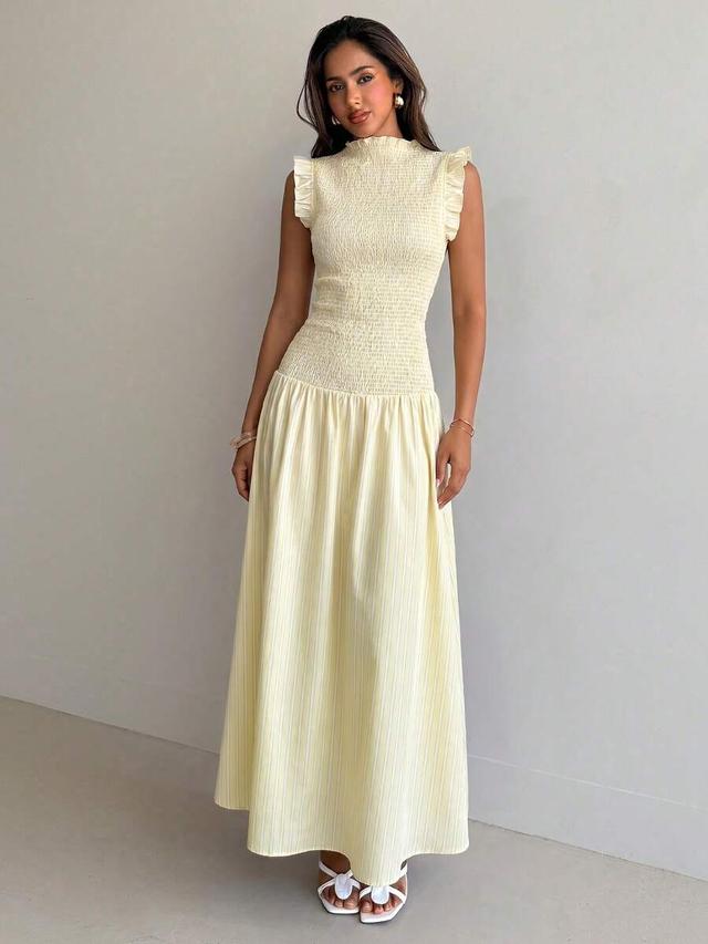 aloruh pale yellow sleeveless mandarin collar smocked dress