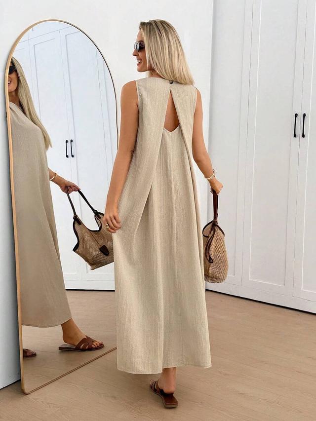 beige textured chiffon sleeveless midi dress with back tie