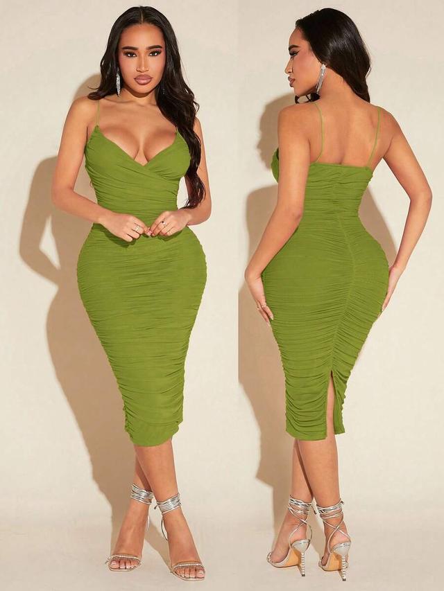 olive green ruched fitted camisole knit dress