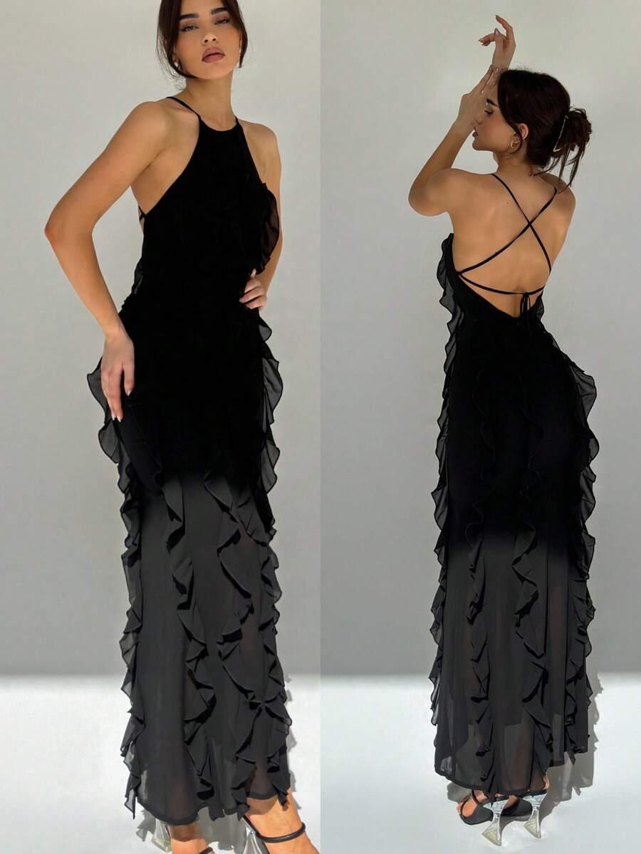 black ruffled goddess style backless spaghetti strap long dress
