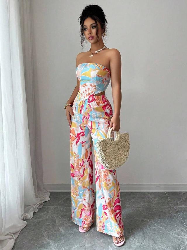 printed halter tie bow crop top and wide-leg trousers