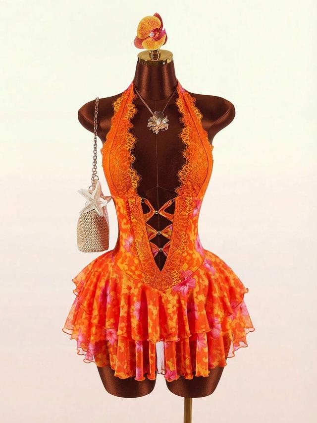 orange floral lace-up halter mini dress