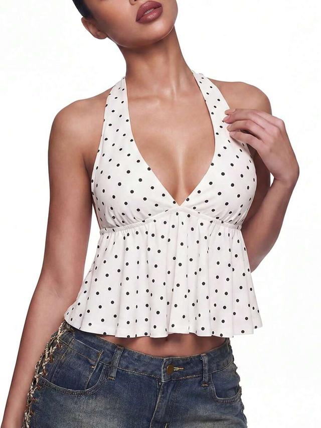 white black polka dot ruffle hem halter camisole