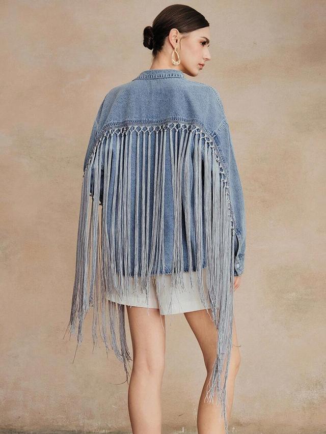 denim long sleeve shirt with fringe trim