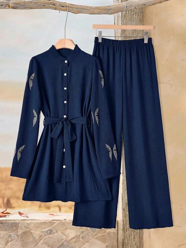 navy blue textured belted shirt and trousers set