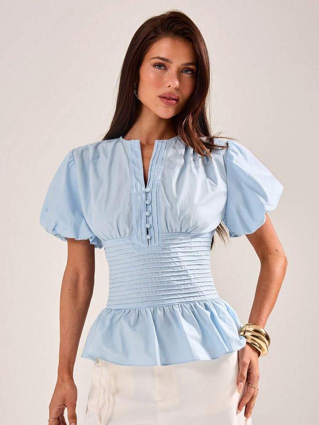 solid blue puff sleeve fitted peplum blouse