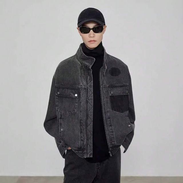 vintage washed black denim motorcycle jacket