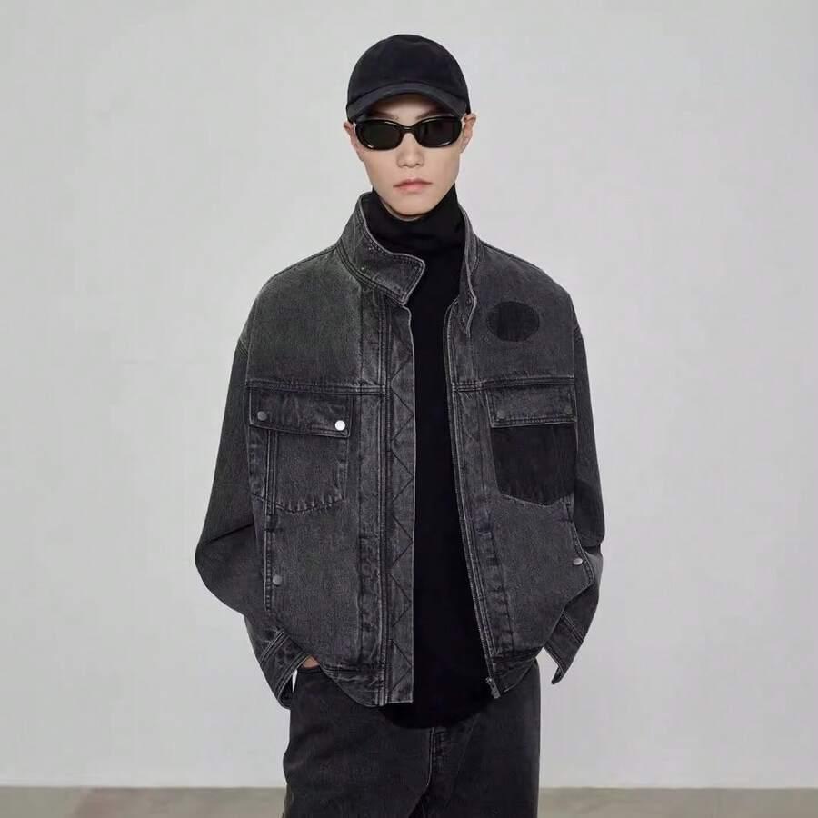 vintage washed black denim motorcycle jacket