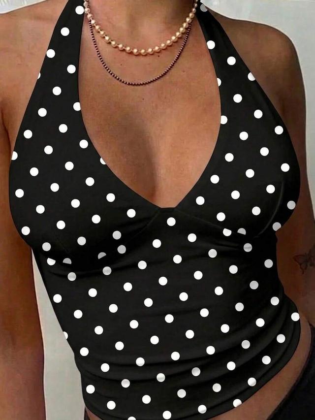black and white polka dot halter neck tank top