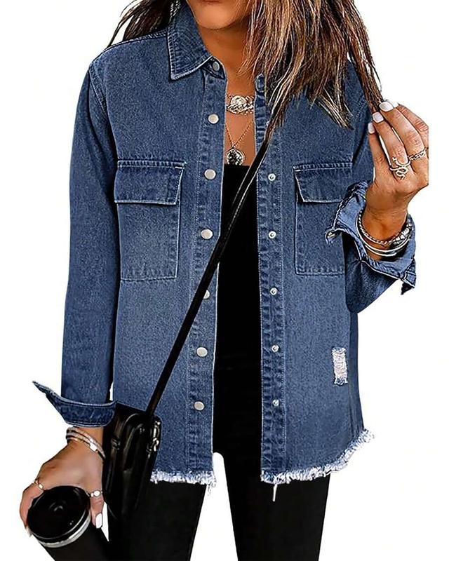 distressed denim button-up shirt jacket