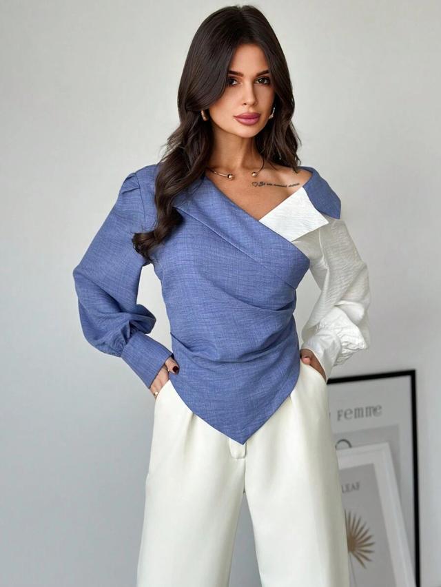 color block ruched asymmetric hem long sleeve blouse