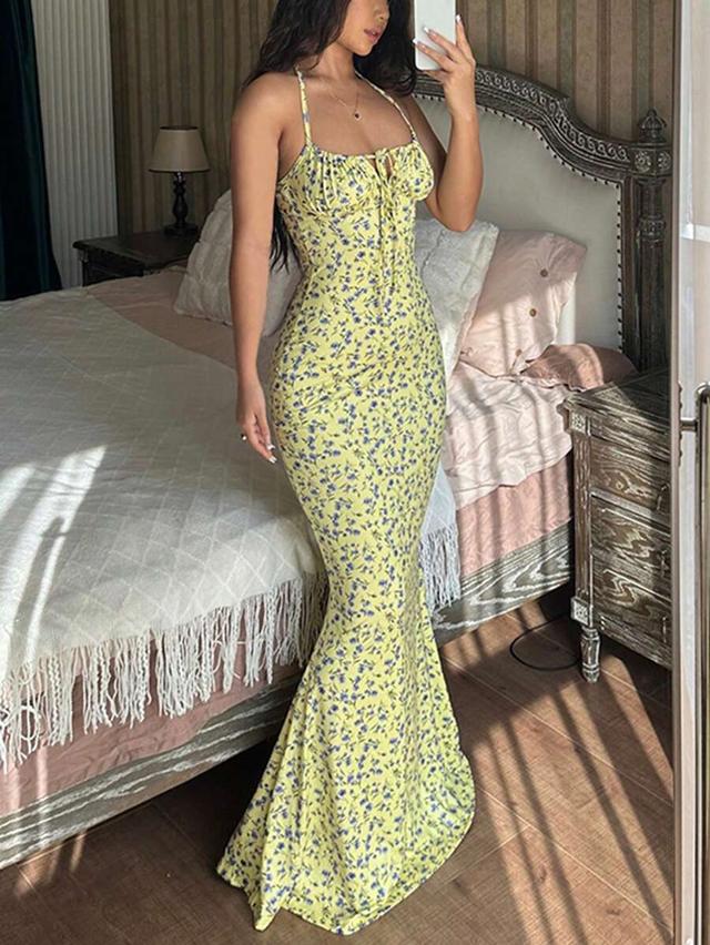 yellow floral print bodycon maxi dress