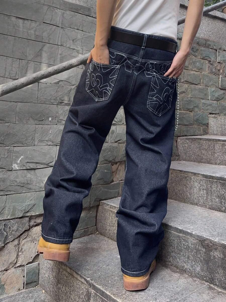 oversized dark wash denim jeans with contrast stitching