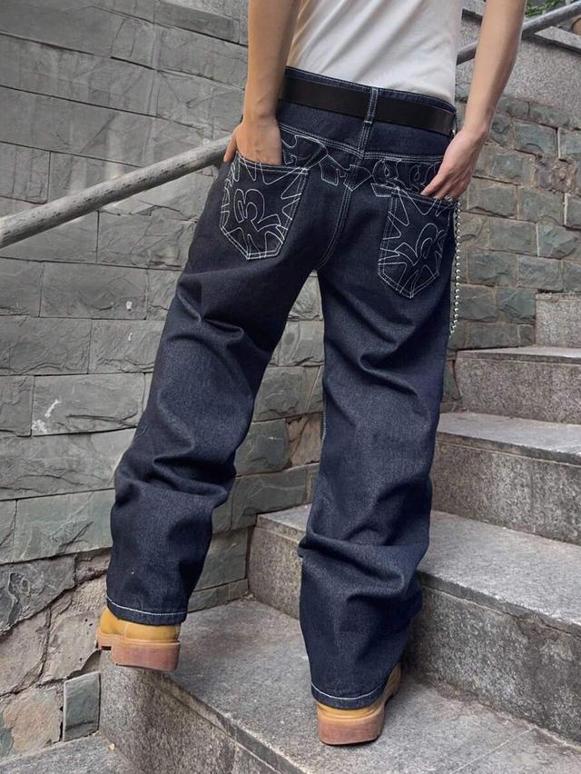 oversized dark wash denim jeans with contrast stitching