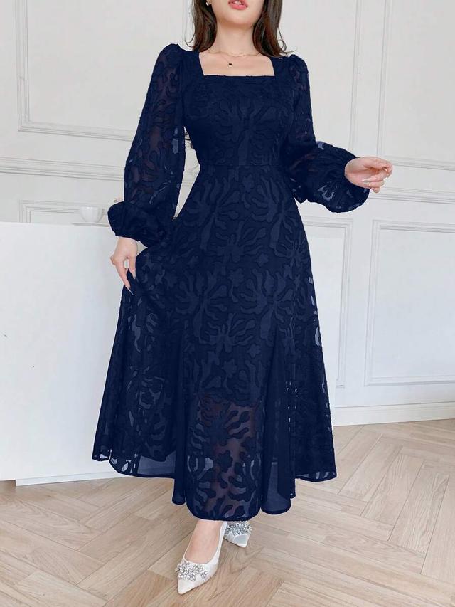 navy blue square neck long sleeve party dress