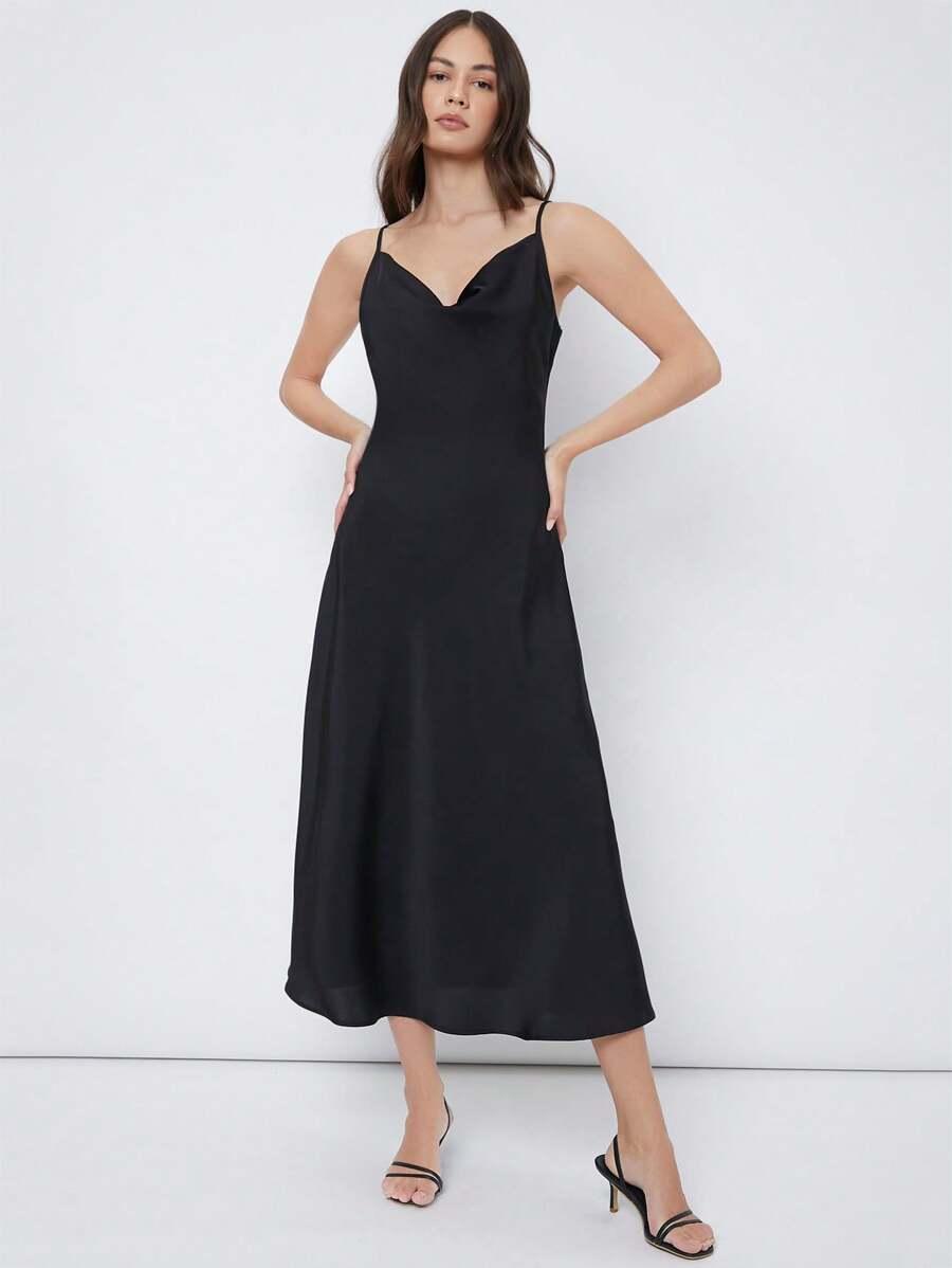 black draped neck satin midi dress