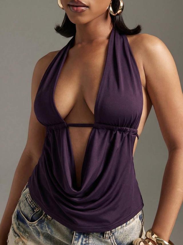 solid color purple halter neck cowl neck top