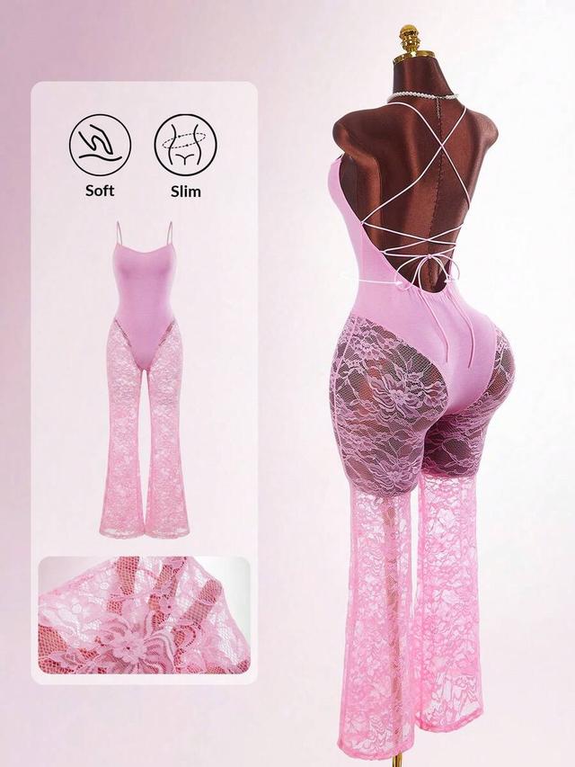 pink lace bodysuit with crisscross back detail