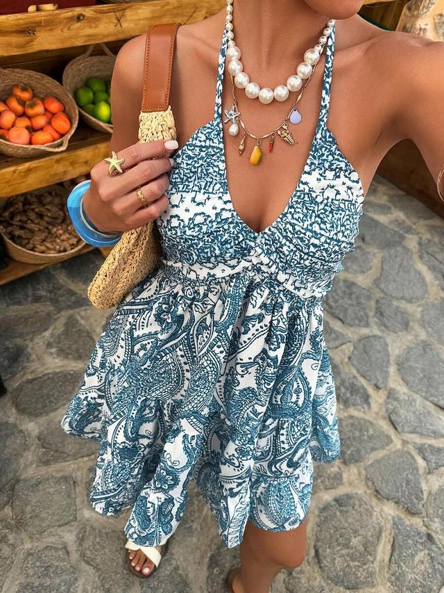 blue and white paisley print halter mini dress