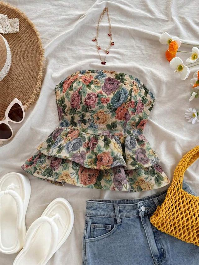 floral vintage tapestry strapless ruffle bustier top