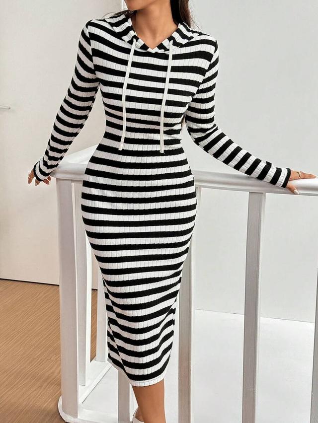 black and white striped ribbed hooded midi dress