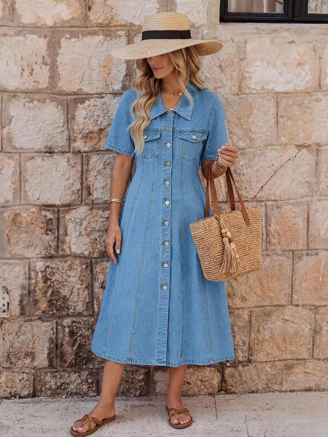 casual front button light wash denim midi dress