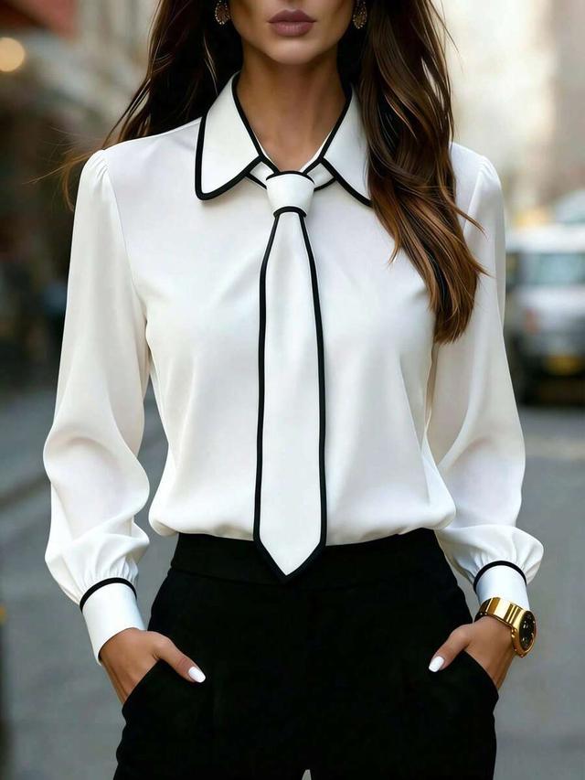 white contrast trim long sleeve blouse with tie