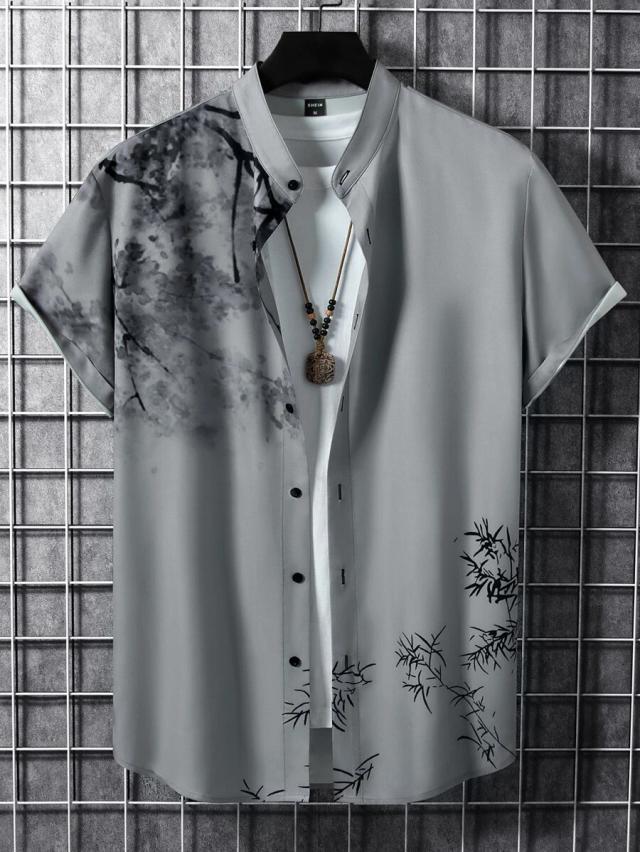 grey mandarin collar shirt with botanical print