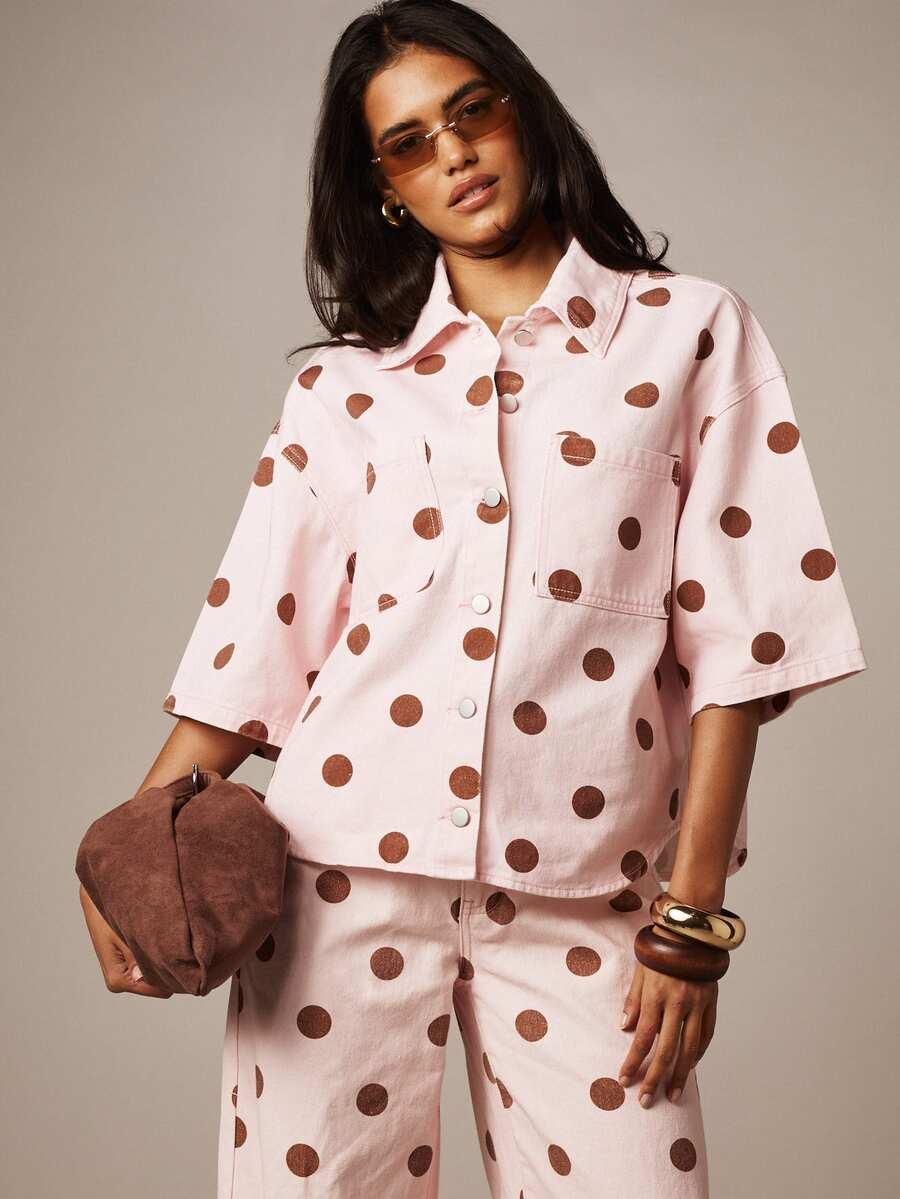 pink and brown polka dot cotton shirt