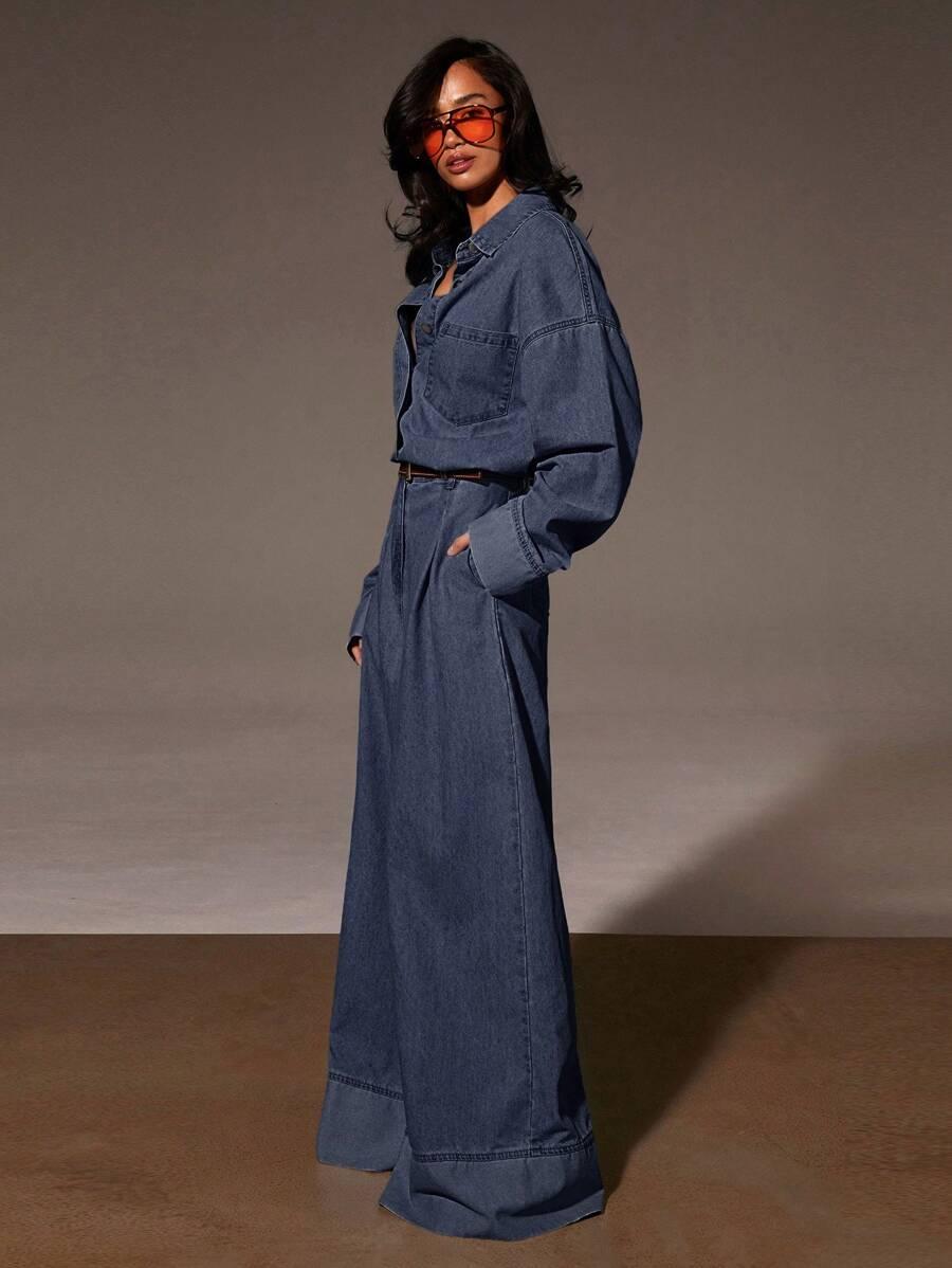 oversized denim jumpsuit with wide leg and collar