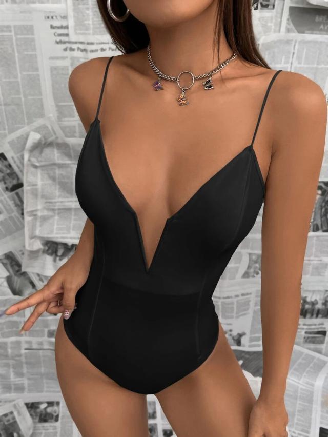 solid black plunging neck cami bodysuit
