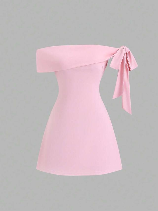 pink off shoulder asymmetrical bow sleeve mini dress