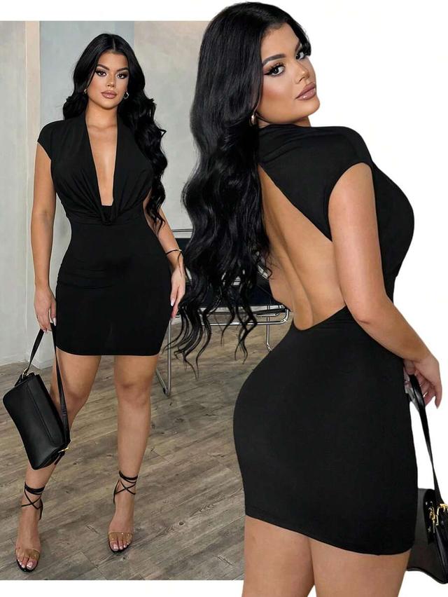black plunging neck backless fitted mini dress