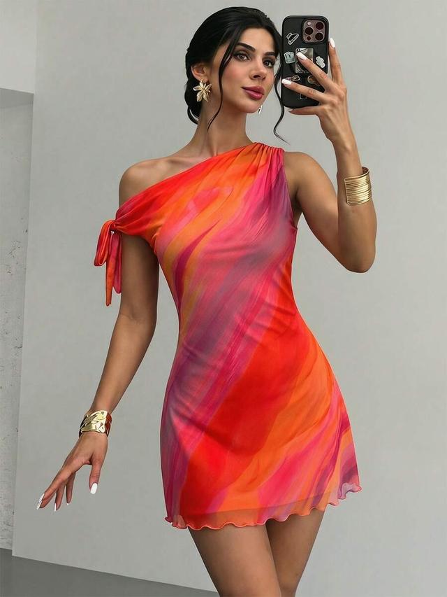 floral asymmetrical one shoulder mesh mini dress
