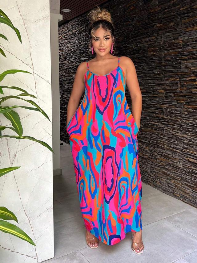 vibrant abstract print spaghetti strap maxi dress
