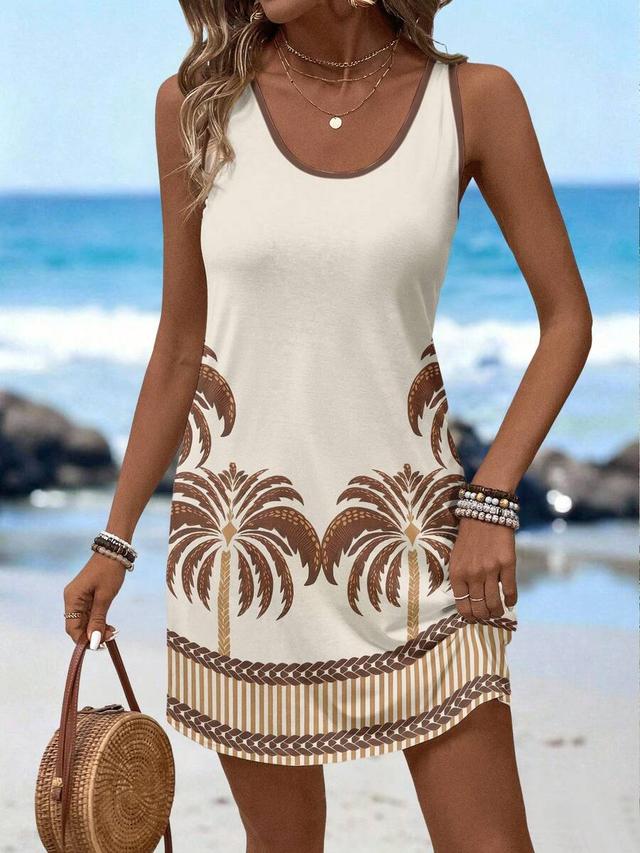 white palm tree print sleeveless casual summer dress