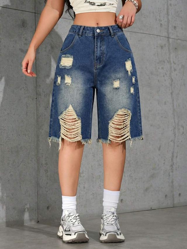 washed ombre distressed loose denim bermuda shorts