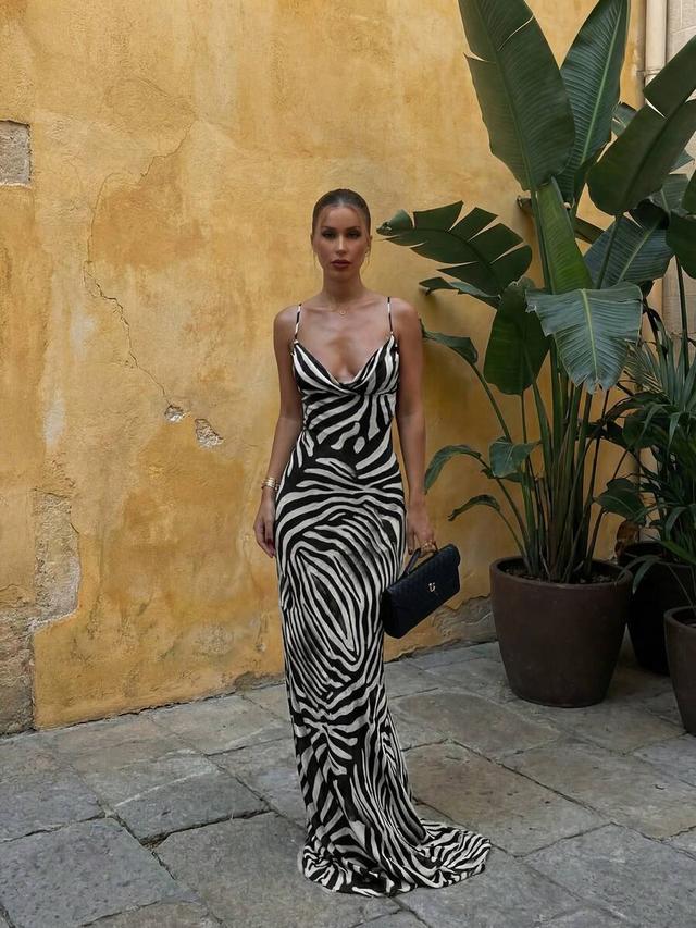 zebra print cowl neck maxi slip dress