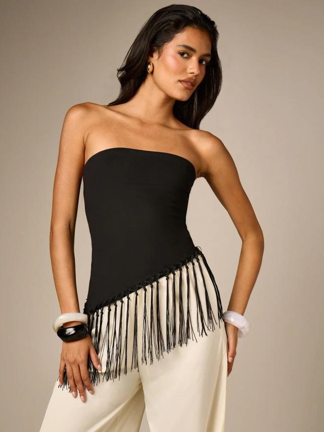 black strapless bandeau top with asymmetric tassel fringe hem
