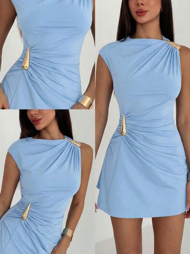 light blue ruched metal decor mini dress
