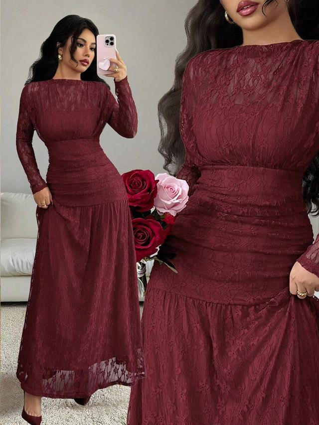burgundy lace ruched long sleeve bodycon dress