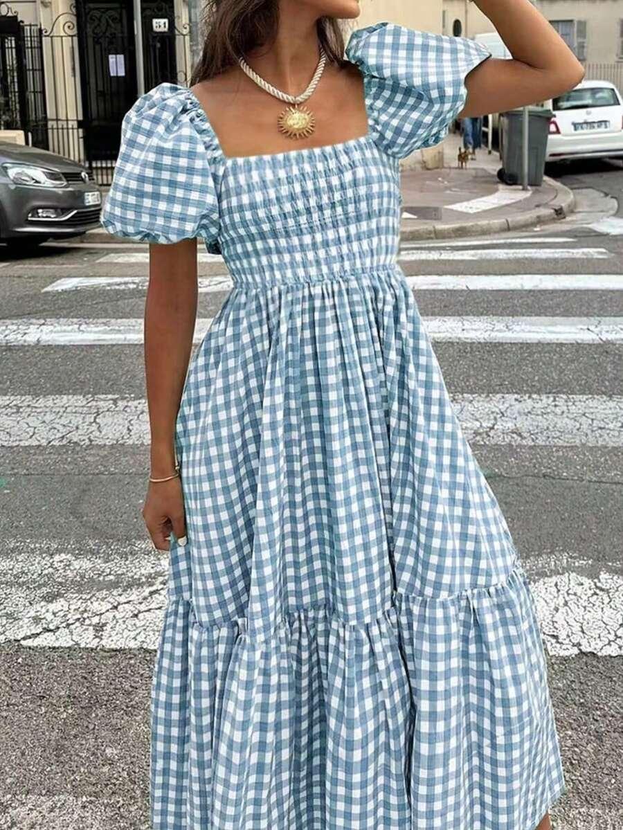 blue and white gingham puff sleeve midi dress