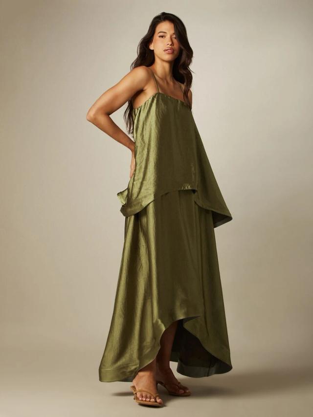 missguided olive green satin tiered maxi dress