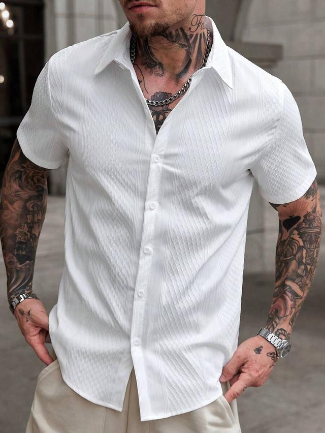 white short sleeve textured button-up casual shirt