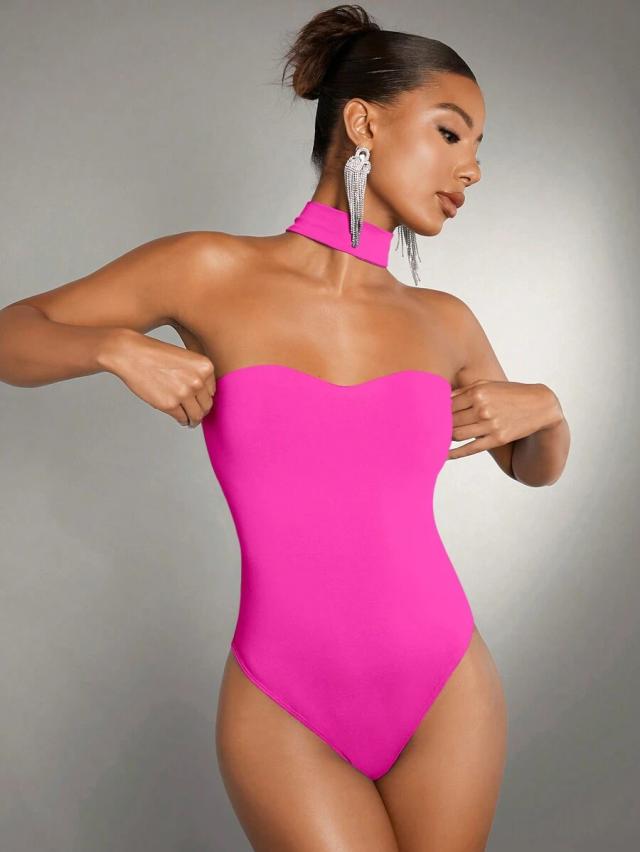 solid pink halter neck sleeveless bodysuit