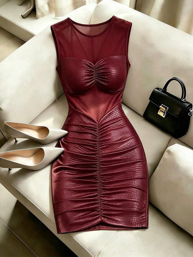 burgundy faux leather crocodile print ruched bodycon dress