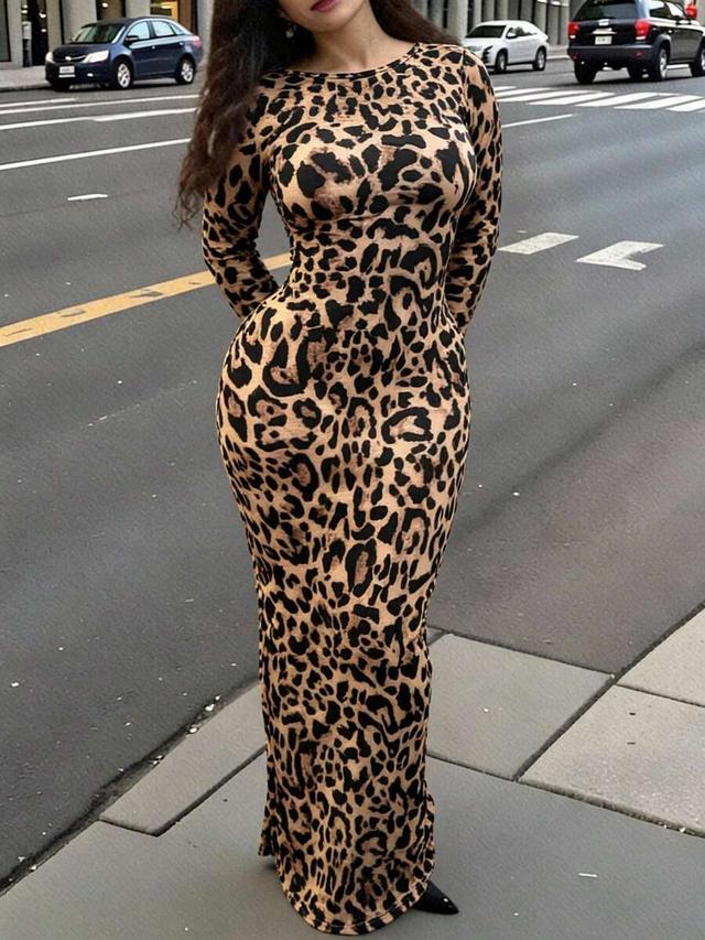 leopard print long sleeve bodycon maxi dress
